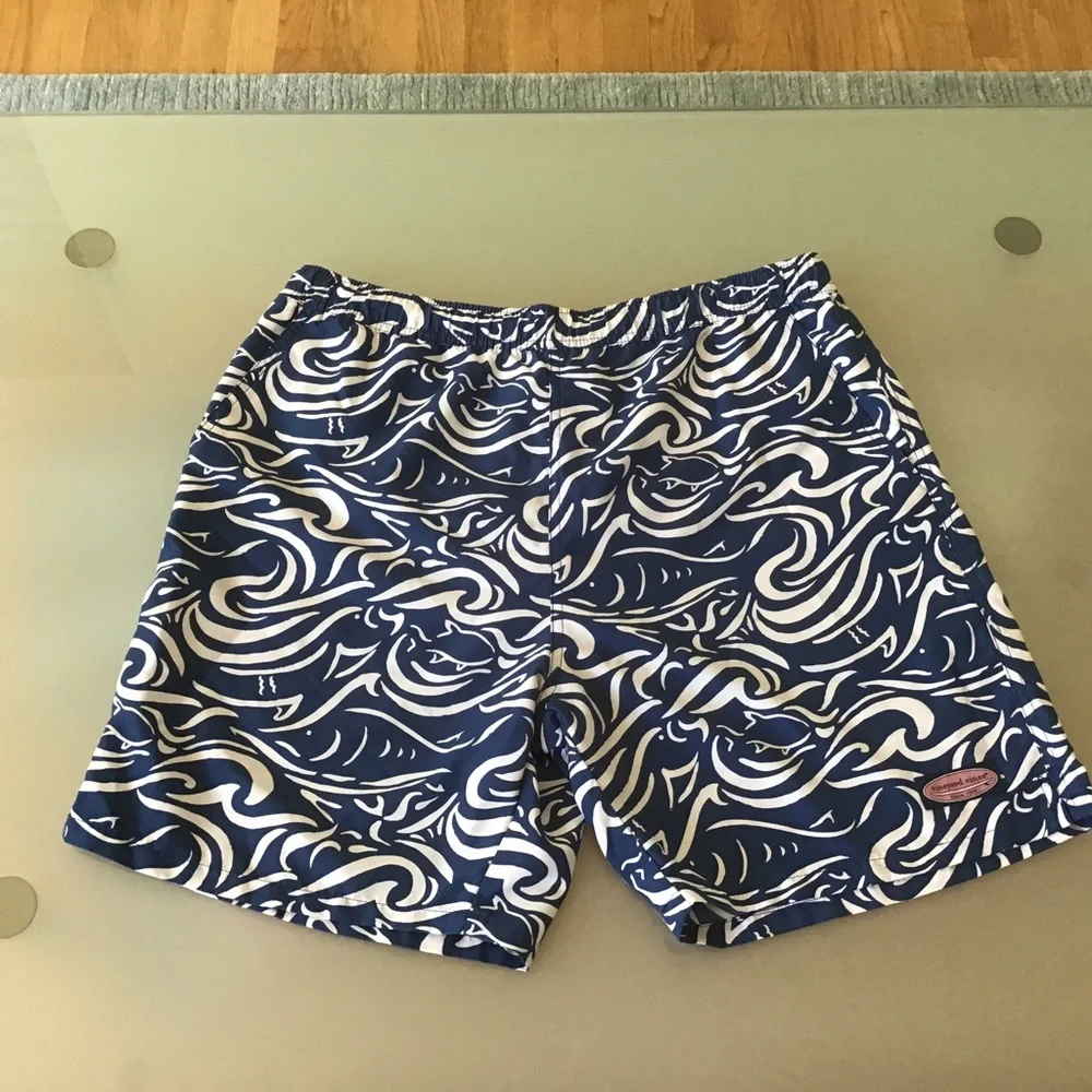 Vineyard Vines Blue All Over‎ Swim Trunks Board Shorts Liner Abstract Print M 7”